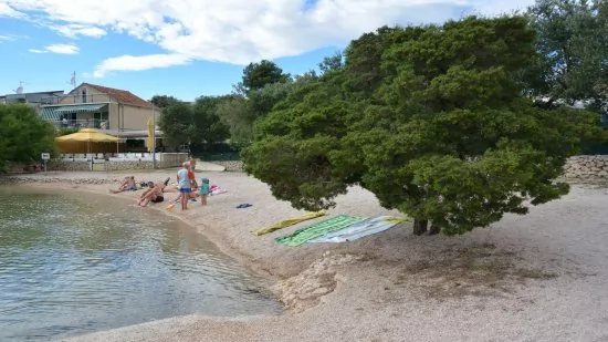 Oblázková pláž s pozvolným vstupem do moře do 300 m od objektu.