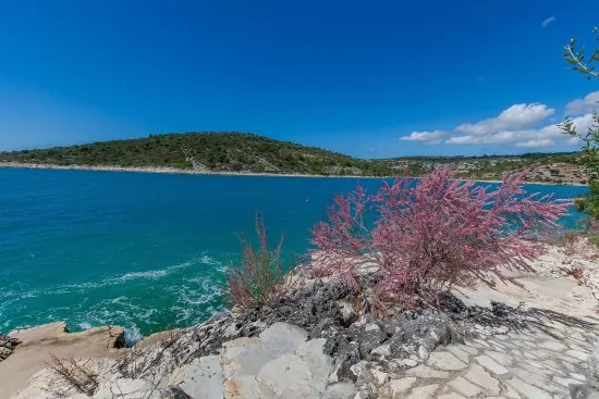 Betonová pláž 45 m od objektu.